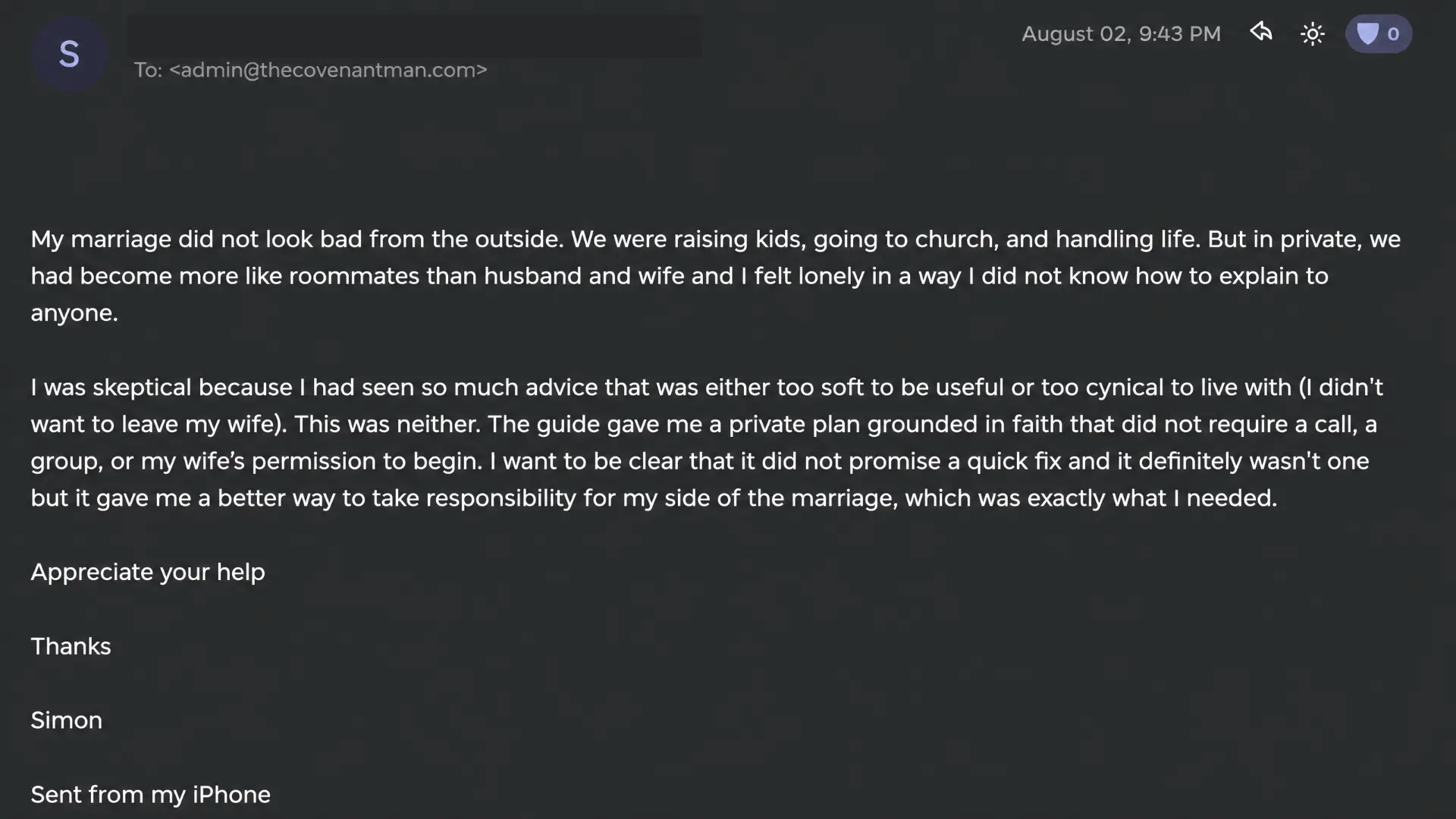Email from Simon describing how the guide gave him a private plan grounded in faith that he could begin without permission